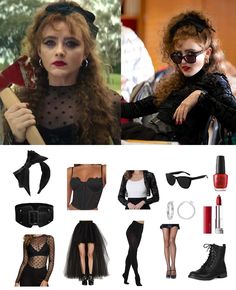 a collage of photos with different outfits and accessories including boots, gloves, stockings, bras, sunglasses, lipstick, hair