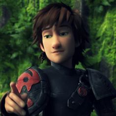 an animated character holding a red object in front of some trees and bushes with green foliage