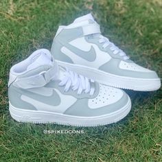 All white af1 custom painted light gray (mid)Verify your shoe size for orderingAll Air Force ones are authentic and new comes in the box.. purchased from Nike retailers Nike Air Force High, White Af1, Teen Shoes, Air Force High, Air Force One Shoes, Nike Shoes Women Fashion, Af1 Custom, Air Force Shoes, Shoes For School