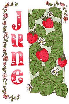 the letter j is for strawberrys with leaves and flowers around it, which are outlined in red on a white background