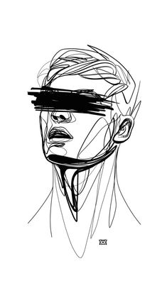 a black and white drawing of a person with blindfolds over their eyes, looking to the side