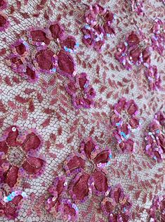 "vintage French chantilly lace with sequins in a burgundy fuchsia color and metallic gold threading. Floral design  Scalloped on both sides with eyelashes Wonderful accent to any gown, great for trimming scalloped design trim.  36\" wide Sold by the yard $150.00 per yard circa 1980s'   This item cannot be sampled, please ask for additional photos.  ALL SALES ARE FINAL... Hi guys please make sure that before you make your purchase to remember that Per my Shop Policies and as noted in each listing Pink Glamorous Sequin Fabric For Festive Occasions, Elegant Pink Lace For Party, Red Lace Embroidered Fabric With Sequins, Red Embroidered Sequin Lace Fabric, Red Sequined Lace Embroidered Fabric, Pink Sequin Fabric For Festive Occasions, Pink Embellished Sequin Fabric For Festive Season, Pink Embellished Sequin Fabric For Festive, Pink Embellished Sequin Fabric For Festive Occasions