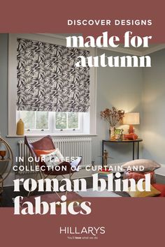 Leaf print Roman blind in a cosy room with lots of cushions, soft furnishings and unique ornaments. There is small table next to the window with a table lamp and a tiger vase. Dark Colour Background, Blind Fabrics, Cosy Interior, Colour Background, Fabric Blinds, Autumn Leaf, Leaf Print