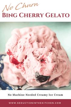 no churn bing cherry gelato ice cream on a blue and white plate with text overlay