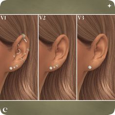 three different views of a woman's ear with four piercings on each side