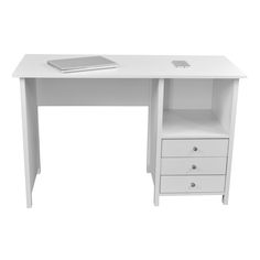 a white desk with drawers and a book on it's top, against a white background