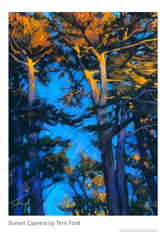 an oil painting of trees with blue sky in the background and orange leaves on them