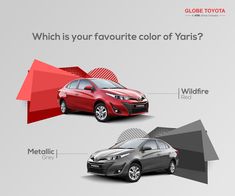 three different colored cars are shown in this advert for the toyota brand, which is also