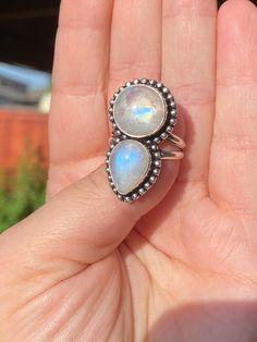 "Gorgeous, one-of-a-kind, genuine rainbow moonstone gemstone ring in sterling silver ring, size 8.5 Only one available, not resizable. Surface Size: 1.40\" x 0.75\" inches, approximately, double band, 5mm. Promotional Price." Bloodstone Necklace, Crescent Ring, Chrysoprase Ring, Moonstone Ring Sterling Silver, Rainbow Moonstone Ring, Moonstone Ring, Multi Stone, Fort Worth, Rainbow Moonstone