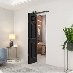 an open door leading to a bedroom with a blue couch and potted plant in the corner