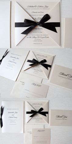 the wedding stationery is laid out on top of each other with black ribbon and matching envelopes