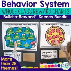 the behavior system for whole class reward chart is shown in front of a blackboard