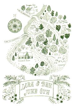 a drawing of a map with trees and flowers on it, including the name laurel & ben