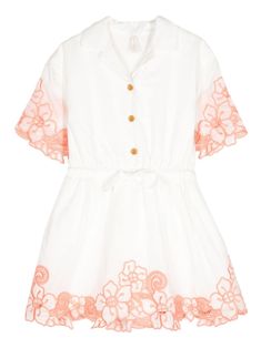 white/pink cotton floral embroidery lace detailing bow detailing elasticated drawstring waistband short front button fastening flared hem Shirt Dress White, Embroidered Shirt Dress, Girls Designer Dresses, Girls Short Dresses, Pop Pop Shirts, Kids Pop, Designer Dresses For Kids, Lightweight Dress, Dresses Kids Girl