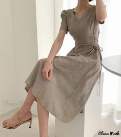 Olivia Mark - Classic Design Long-Sleeve Dress with Drawstring Closure Long Sleeve Evening Gowns, Long Linen Dress, Wrap Around Dress, Drawstring Dresses, Beige Dresses, Dresses Elegant, Long Summer Dresses, Modest Dresses, Summer Dresses For Women