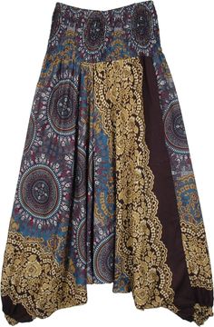 A trendy pair of bohemian pants in yellow and blue with Mandala print, these lightweight rayon pants have a smocked waist and are easy to wear with the pull-up style. The unique feature of these hippie party pants is that you can wear this as an off shoulder dress. #tlb #SplitSkirtsPants #JuniorPetite #Printed #HaremPants #AladdinPants #DropCrotchPants #HaremPants Bohemian Patterned Bottoms For Festival, Bohemian Brown Harem Pants For Summer, Bohemian Brown Harem Pants For Spring, Summer Bohemian Brown Harem Pants, Bohemian Brown Bottoms With Elastic Waistband, Hippie Yellow Bottoms For The Beach, Hippie Style Yellow Beach Bottoms, Bohemian Style Brown Pants For Vacation, Bohemian Brown Pants For Vacation