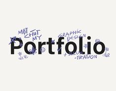 the word portfolio written in different languages on a white background with blue and black lettering