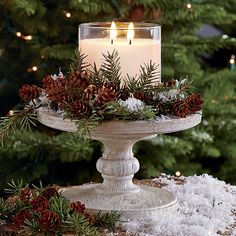 a candle is sitting on top of a cake plate covered in snow and pine cones