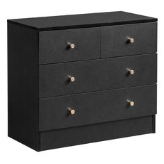 a black dresser with gold handles and knobs