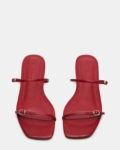 TUNDRA Red Leather Square Toe Slide | Women's Sandals – Steve Madden Aesthetic Summer Shoes, Fem Style, Kitten Heel Slingbacks, Tomato Girl, Red Sandals, Cricut Craft, Slides Women, Leather Wear