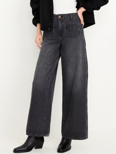 High-Waisted Baggy Wide-Leg Jeans | Old Navy Pajamas Gift, Family Maternity, Family Pajamas, Back Patch, Jeans Black, Trouser Jeans, Wide Leg Jeans, Toddler Boys, Leg Jeans