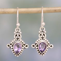 Over one carat of teardrop amethyst stones sparkle with purple hues in this pair of dangle earrings, featuring dot motifs handcrafted of sterling silver with a combination of finishes. Parul works with local Indian artisans to present this delightful pair of earrings. Angel Earrings, Purple Pearl, Gem Necklace, Jewelry Techniques, Moonstone Earrings, Exclusive Jewelry, Amethyst Stone, Necklace Sizes, Hook Earrings