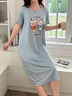 Cartoon Graphic Women's Casual Round Neck Short Sleeve T-Shirt Nightdress Blue Cute  Short Sleeve Knitted Fabric Cartoon  Slight Stretch All Women Sleep & Lounge, size features are:Bust: ,Length: ,Sleeve Length: Sleepwear Women Nightgowns, Long Night, Women's Nightgowns, Sleep Dress, Night Wear, Long Tshirt, Sleepwear Women, Blue Shorts, Women's Casual