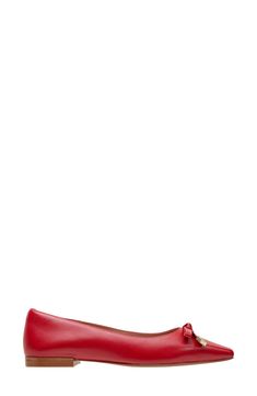 A hardware-tipped bow and slender toe add visual intrigue to a rich leather flat grounded by a cushioned footbed and slip-resistant rubber sole. Cushioned footbed Slip-resistant sole Leather upper/synthetic lining/rubber sole Imported Lipstick Red, Pointed Toe Flats, Leather Flats, Womens Flats, Rubber Sole, Leather Upper, Nordstrom, Red, Leather