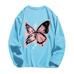 This Casual Red Butterfly Letter Hoodie has a stylish design that is comfortable and flattering. It is made from a lightweight fabric to help you stay warm and cozy all day long. The bright red color along with the butterfly lettering adds a unique and modern flair to any outfit. This hoodie is a great choice for all seasons Features: -91% Polyester, 9% Spandex -Crew neckline -Butterfly graphic design -Ribbed cuffs and hem -Unisex street style Spring Hip Hop Long Sleeve Sweatshirt, Hip Hop Style Long Sleeve Sweatshirt For Spring, Blue Long Sleeve Hoodie With Text Print, Blue Hip Hop Sweatshirt With Letter Print, Hip Hop Blue Sweatshirt With Letter Print, Blue Winter Sweatshirt For Leisure, Blue Winter Leisure Sweatshirt, Light Blue Letter Print Sweatshirt For Fall, Blue Hoodie Tops For Leisure