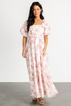 Dalia Maxi Dress | Ivory + Mauve Floral Pink Floral Print Maxi Dress With Puff Sleeves, Pink Maxi Dress With Gathered Sleeves For Spring, Pink Dress With Elastic Waistband For Brunch, Dress For Baby Shower Mom, Sunday Dresses, Floral Bridesmaid Dresses, Pink Floral Maxi Dress, Tiered Midi Skirt, Baltic Born