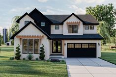 a white house with black roof and two car garages in the front yard on a sunny day