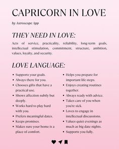 a pink background with the words capricorn in love and other words below it