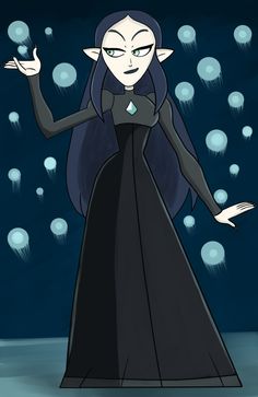 an animated image of a woman in a long black dress with her arms out and eyes wide open