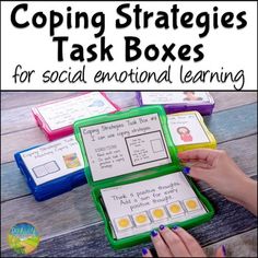 Use these coping strategies task boxes to practice social emotional learning skills in a hands-on and interactive way! Skills targeted include matching, identifying, and choosing coping skills. A total of 12 task boxes are included, each with 12 cards. These would be an ideal way for educators to ta... Vocational Tasks, Coping Skills Activities, Social Skills Lessons, Life Skills Classroom, Social Skills Groups, Social Emotional Learning Activities, Learning Skills, Social Thinking, School Social Work