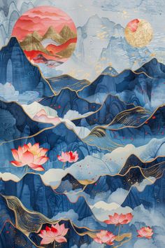 an artistic painting with water lilies and mountains in the background, painted on canvas