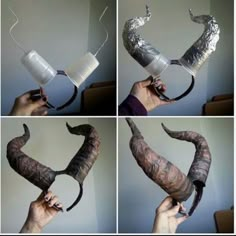 four different pictures of an animal's tail being made out of toilet paper and duct tape