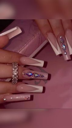 Nail Inspo With Diamonds, Dimond Nails Acrylic, Long White Acrylic Nails Rhinestones, Nails With Pink Gems, Acrylic Diamond Nails, Pink Long Nails With Diamonds, Long Nail Ideas With Diamonds, White Nails With Gems Rhinestones, Nails Diamonds Rhinestone