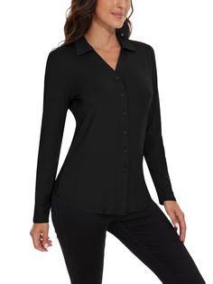 Ladies Long Sleeve Golf Polo - Solid Black Sleeve Button Down Shirts for Women V Neck Polo Golf Shirt Business Work Collared Blouse Tops Black V-neck Shirt With Buttons, Black Stretch V-neck Top With Short Sleeves, Black Stretch V-neck Long Sleeve Top, Black Moisture-wicking V-neck T-shirt, Casual Work Attire, Moisture-wicking Short Sleeve Golf Polo Shirt, Long Sleeve Polo Shirt, Collar Blouse, Long Sleeve Polo