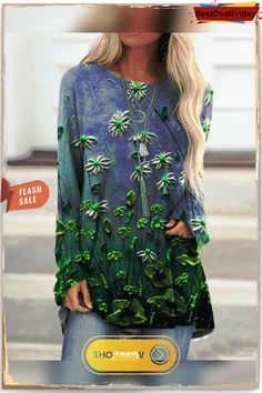 Floral Print Ombre Long Sleeve Casual Shirts&tops Green Long Sleeve Tops For Spring, Spring Green Tops With Floral Print, Spring Long Sleeve Graphic T-shirt, Green Printed Crew Neck Blouse, Green Printed Spring Tops, Green Relaxed Fit Long Sleeve Crew Neck Top, Spring Cotton Long Sleeve Top With Graphic Print, Green Long Sleeve Tops With Floral Print, Spring Floral Print Long Sleeve Tops