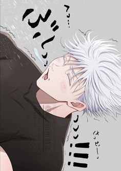 an anime character with white hair and black shirt looking down at his head, while he has