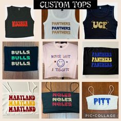 Custom College Tops You can choose style of top, color, font design and lettering. College Tops, Custom Top, Star Top, Font Design, Cropped Tube Top, Top Photo, Fort Lauderdale, Crop Tshirt, Fonts Design