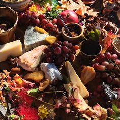 various types of cheeses and fruits are arranged on the ground with autumn leaves around them