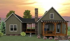 this is a computer rendering of a small cabin style home with porches and covered patio