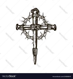 a cross with crown of thorns on it in black and white ink drawing style