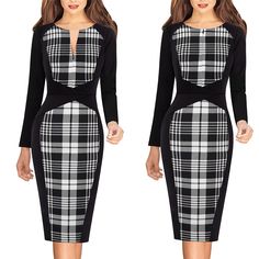 Front Zipper Bodycon Pencil Dress for Women - wnkrs Black Long Sleeve Plaid Dress, Fitted Black Plaid Long Sleeve Dress, Black Fitted Long Sleeve Plaid Dress, Fitted Black Knee-length Plaid Dress, Fitted Black Plaid Dress For Fall, Chic Black Plaid Workwear Dress, Fitted Midi Length Plaid Dress, Chic Black Plaid Dress For Work, Long Sleeve Black Plaid Dress For Work