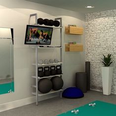 gym shelving unit Very Small Home Gym, Home Gym Wall Shelves, Turn Garage Into Gym, Guest Bedroom Gym Combo, Finished Basement Ideas On A Budget, Office Gym Combo Ideas, Home Gym Guest Room Combo, Gym And Office Room Ideas, Home Office Workout Room Combo