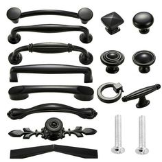 various black handles and knobs on white background