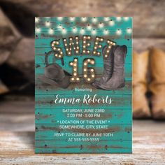 a birthday party card with cowboy boots and lights on the front, sitting on a wooden table