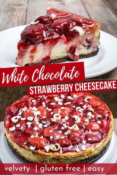 white chocolate strawberry cheesecake with text overlay