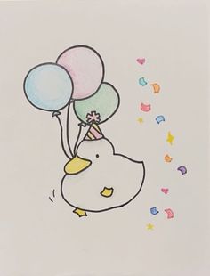 a drawing of a rubber duck holding balloons